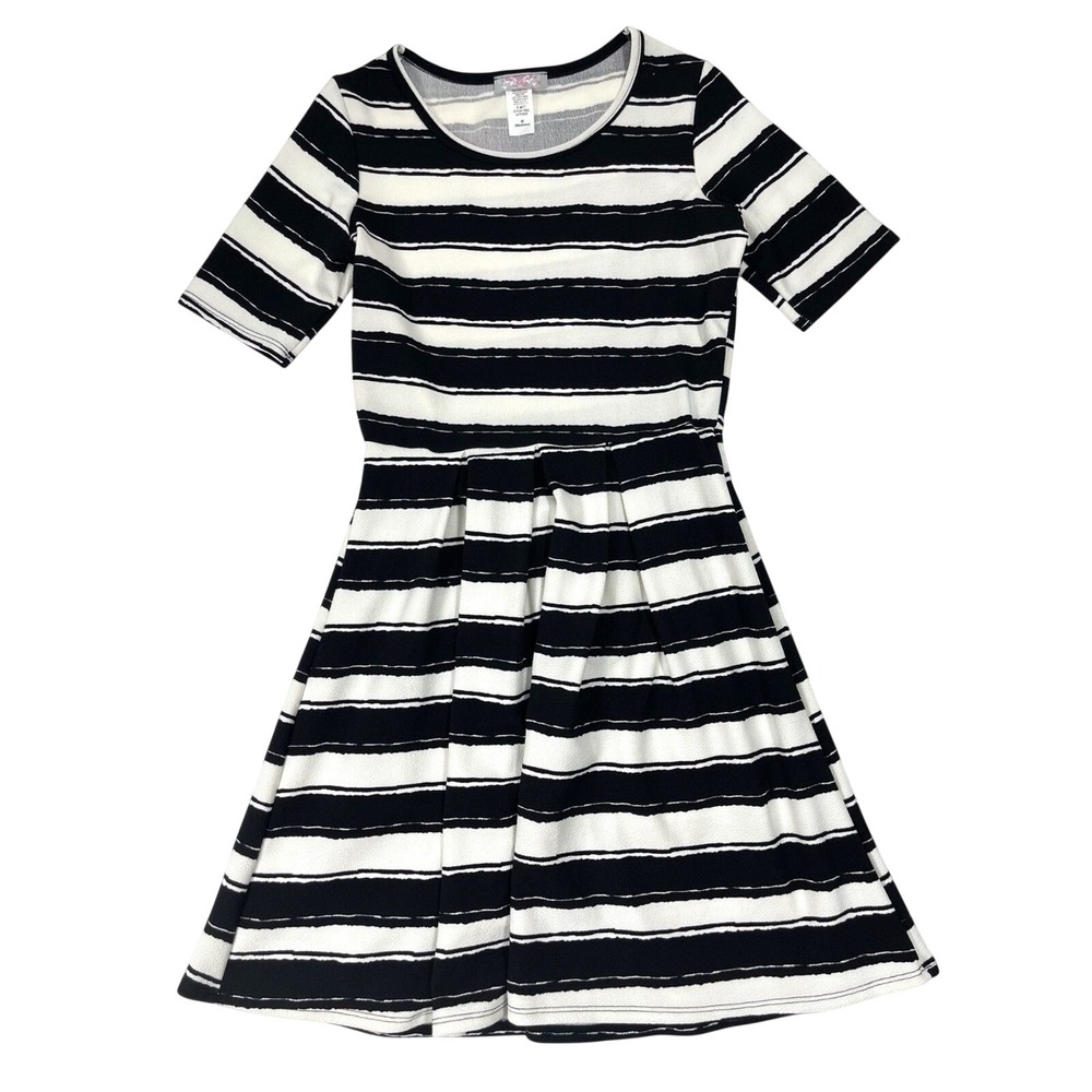 Pretty Young Thing Black White Striped Fit Flare Dress M Short Sleeve